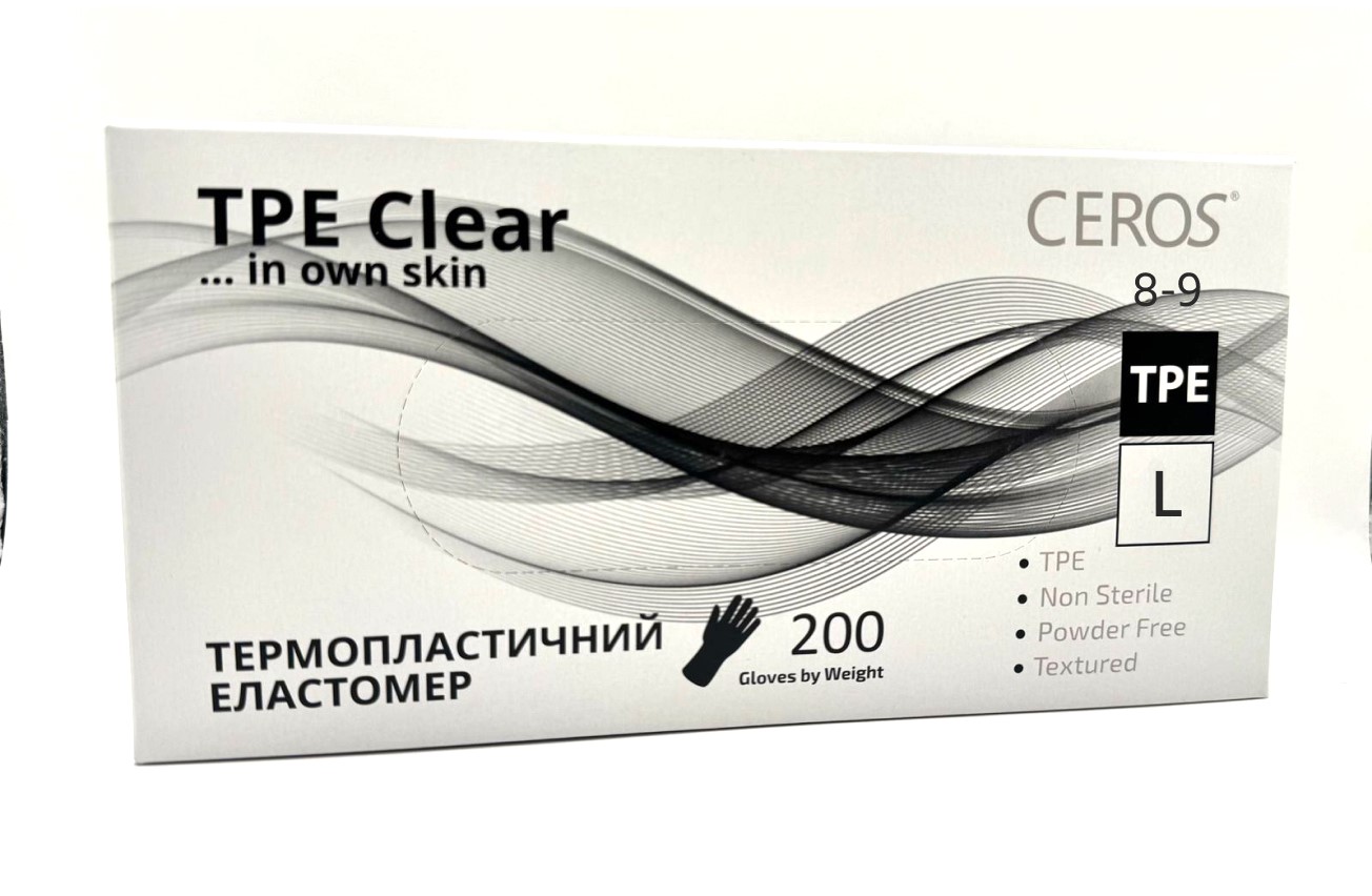 Рукавички огл.і необпудровані нестер. з термопластичного еластомеру CEROS TPE Clear,L